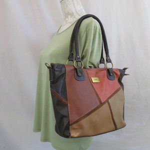 Matiz 80s Vintage Earth Tones Patchwork Genuine Leather Carryall Purse Bag
